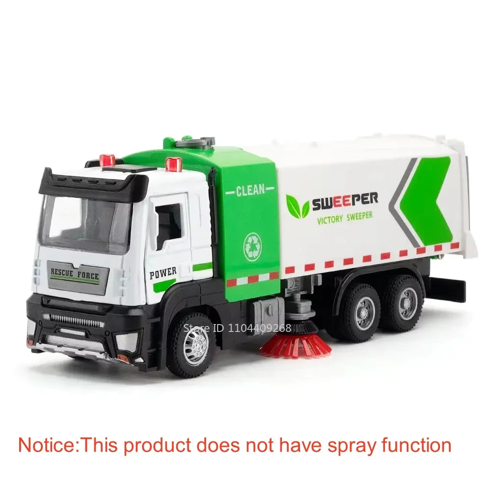 1:32 Water Spray Fog Fire Truck Model Sweeper Toy Car Sound Light Pull Back Doors Opened Vehicles Collection Gifts