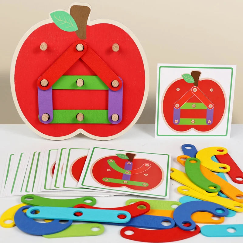Wooden Geometric Pegboard Construction and Pattern Puzzle Set
