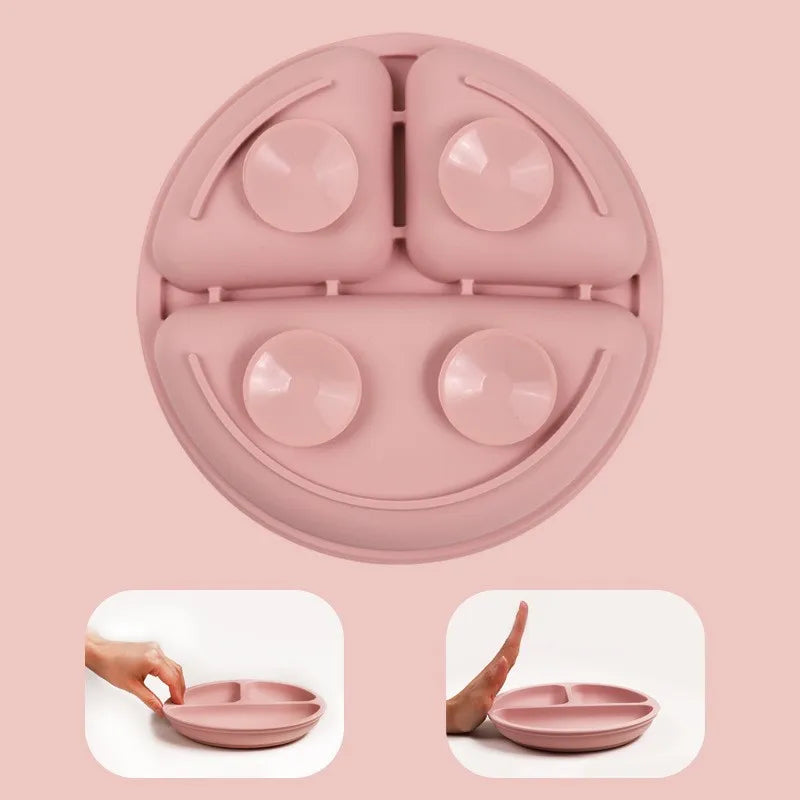 BPA Free Silicone Plate with Spoon Fork Bibs Dishes Safe Dining Plate with Suction Smile Face Plates for s