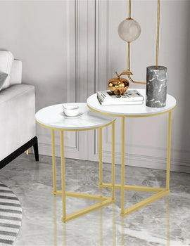 Modern Round Marble Metal Base Nesting Set Side Accent Table Living Room Storage Small End Table, Set of 2, Marble and Gold
