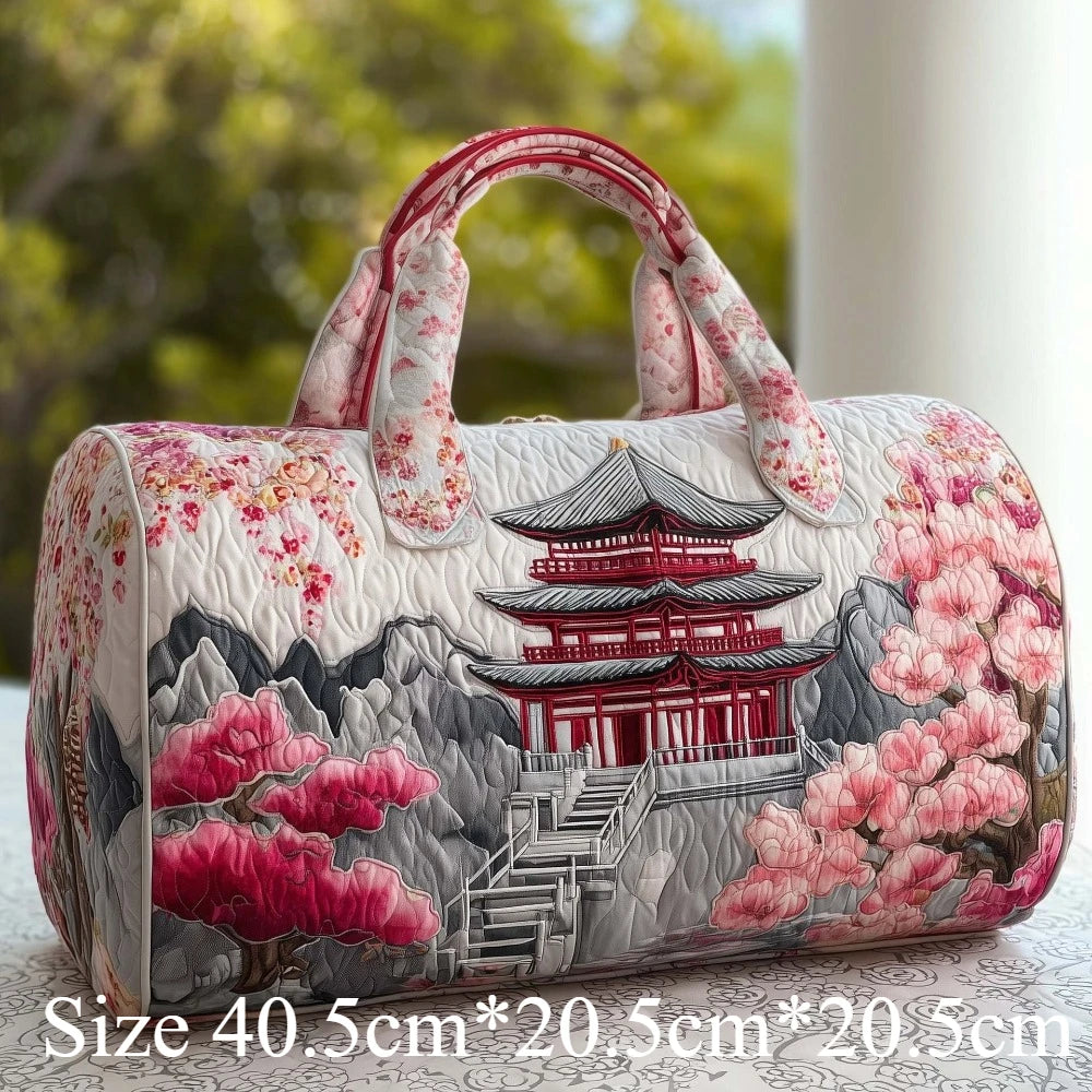 Japanese Style 3D Quilted Travel Tote Bag Cherry Blossom Pagoda Print Lightweight Carry-On Duffel Vintage Oriental Gift Travel