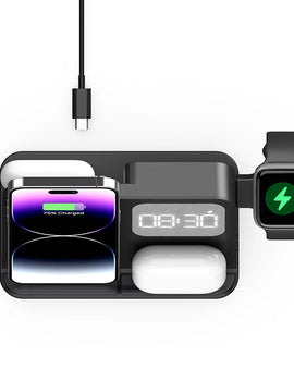 Clock, desktop, mobile phone, headphones, watch, wireless charger, both entertainment and charging not wrong