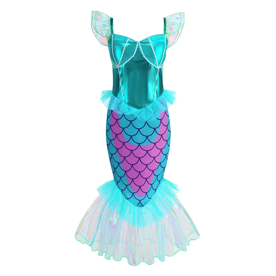 New Blue Red Purple Three Colors Mermaid Flying Sleeve Fishtail Beautiful Dress For Girl Summer Beach Party Cool Gown