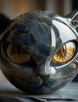 Cat Head Statue - Elegant Marble-like Glossy Resin Sculpture with Golden Eyes & Black Marble Texture,Desktop Decor for Home/Offi