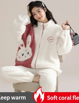 Women’s Winter Flannel Pajama Set – Warm Coral Fleece Loungewear with Cute Bunny Design
