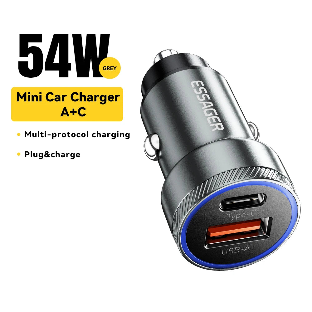 54W USB C Car Charger PD 3.0 QC 3.0 Fast Charging Dual Port 5A Type C USB Car Charger