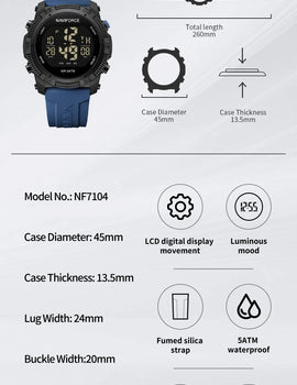 Men's Electronic Watch Fashion 5ATM Waterproof Silicone Strap Calendar Male LCD Digital Wristwatch