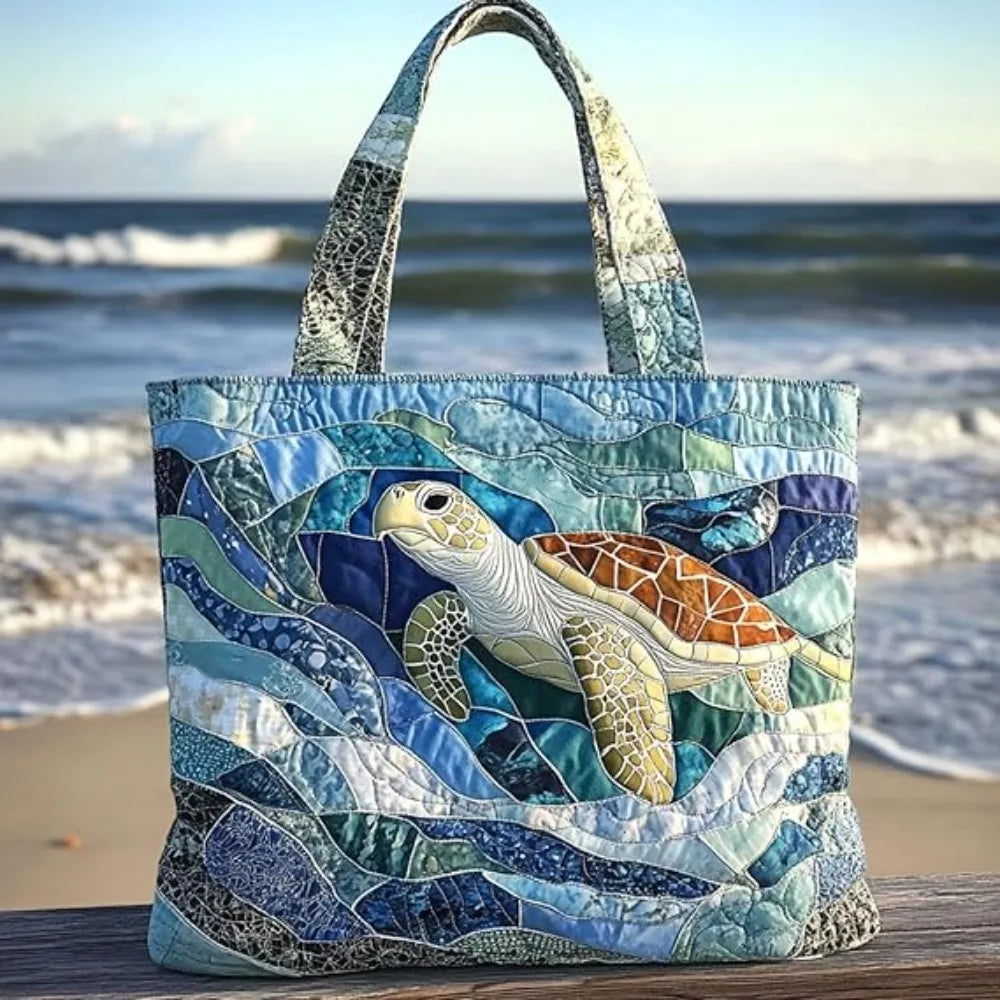 Turtle Print Quilted Canvas Tote Bag Large Capacity Shoulder Handbag