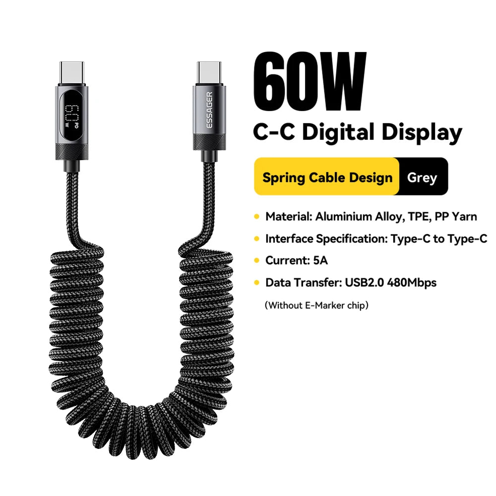 100W Car Spring USB-C to USB-C Fast Charging Cable (Retractable)
