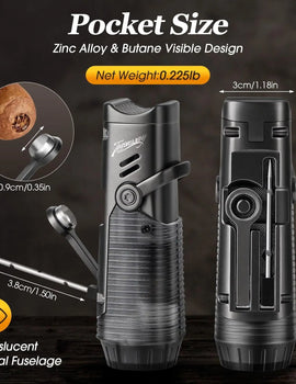 Cigar Lighter, Windproof Refillable Butane Lighter, Multifunction Cigar Accessories with Holder, Cigar Draw Enhancer and Punch