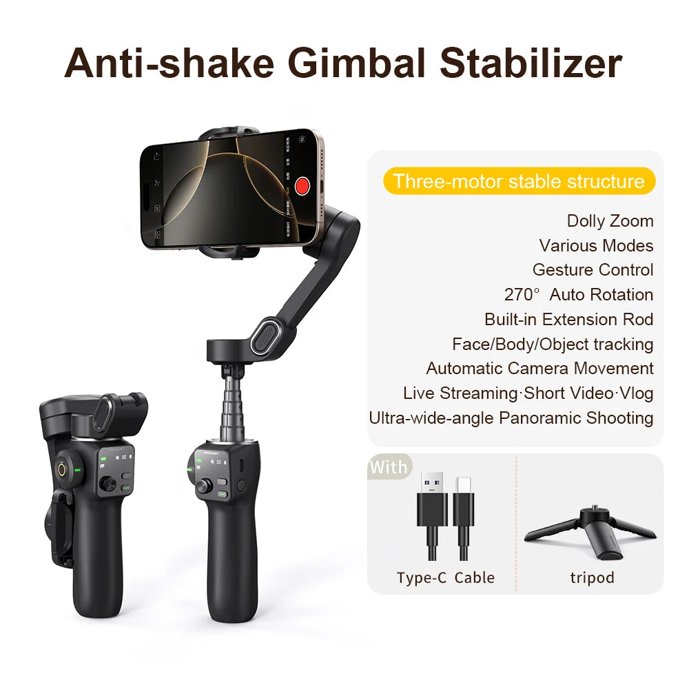 3-Axis Handheld Gimbal Phone Stabilizer with Extension Rod 8.0 Anti Shake Face Tracking for Phone Outdoor Shooting Vlog