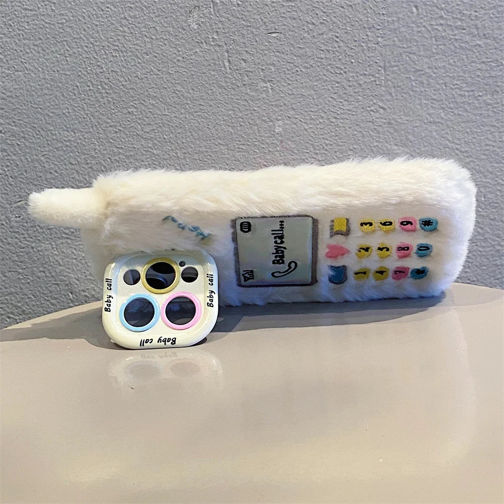 INS Y2K Furry Retro Call Heart Phone Case For iPhone 16 15 14 Pro Max 13 Plus Girl Camera Bracket Winter Silicone Cover