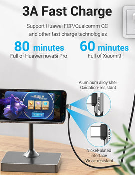 USB C Cable 90 Degree Fast Charger USB A to Type C Cable for Huawei Honor Xiaomi Redmi Samsung Mobile Phone USB-C Cord