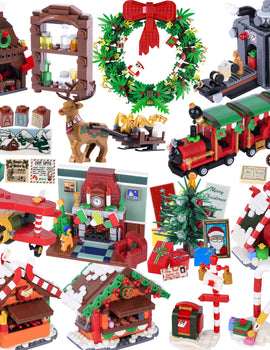 Christmas Village House Building Blocks Sleigh Reindeer Tree Present Car Wreath Fireplace Gingerbread Man Bricks Toys Gift