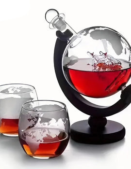 900ML Creative Globe Decanter Set with Lead-free Carafe Exquisite Wood-stand and 2 Glasses Whiskey Decanter Globe Grade Gift