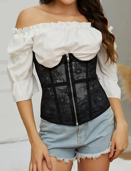 Women Lace Corset Belt Waist Corset Top Mesh Open Cup Lace Up Boned Bustier Underbust Corset Black Slimming Belt for Girl
