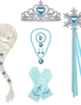 Elsa Princess Accessories Gloves Wand Crown Jewelry Set Elsa Wig Necklace Braid for Princess Dress Clothing Cosplay Dress UP