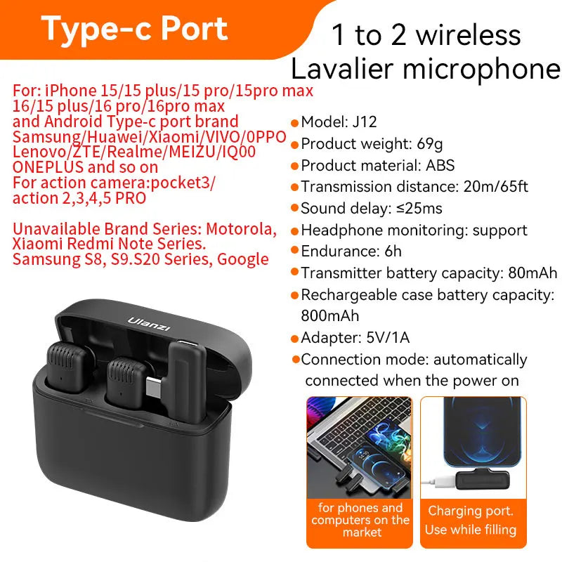 Wireless Lavalier Microphone Dual Mic Plug & Play for iPhone Android Live Recording