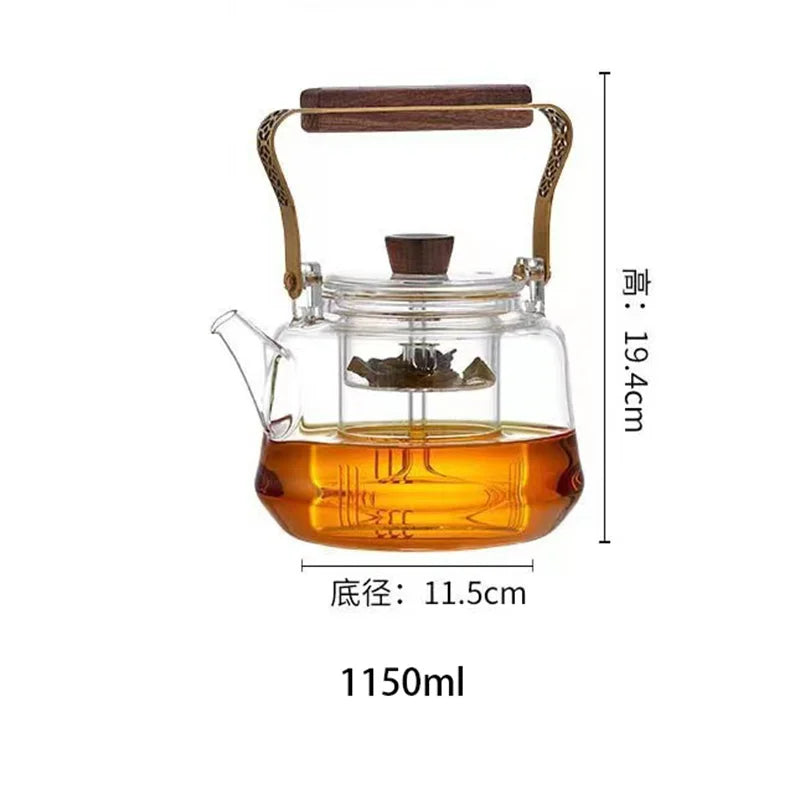 Japanese Heat Resistant Glass Tea Pot with Infuser Copper Wood Handle 1150ml High Borosilicate Tea Kettle