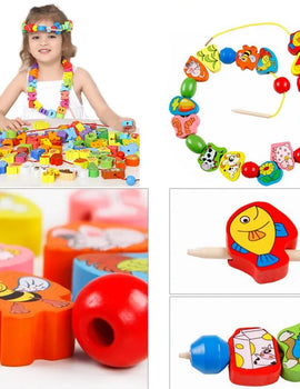 Monterssori DIY Wooden Toys Cartoon Fruit Animal Stringing Threading Wooden Beads Educational Toys for s Christmas Gift