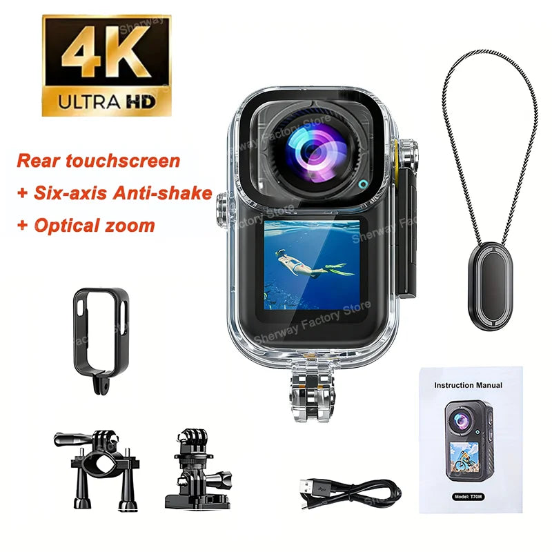 4K Action Camera with Dual Screen Image Stabilization Waterproof Sports Body Camera for Helmet Cycling Vlog