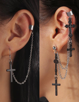 1pc Punk Black Cross Tassel Earrings Clip Stud Earring Christian Gothic Hip Hop Jewelry Metal Chain Ear Ring Earring
