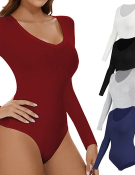 Bodysuit Women Body Shaper V Neck Slimming Jumpsuit Long-sleeved Winter Thermal Underwear Seamless Breathable Base Layer