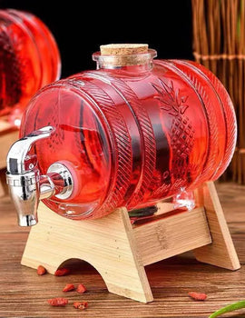 1L Glass Whiskey Barrel Wine Barrel Beer Bottle Fruit Aging Alcohol Honey Storage Container With Base Faucet Bar Tool