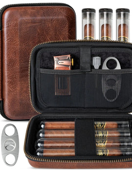 Leather Travel Cigar Humidor with 4 Cigar Tube and Cigar Cutter,Cigar Accessories Gift Set for Men,Lighter not included