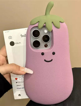 INS Cute Cartoon 3D Eggplant Funny Creative Phone Case For iPhone 16 15 14 13 Pro Max Vegetable Lovely Soft Silicone Back Cover