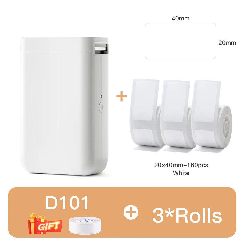 D101 Mini Thermal Label Printer, Portable Bluetooth Inkless Label Maker (10–25mm), Rechargeable Type-C for Home, Office & Business