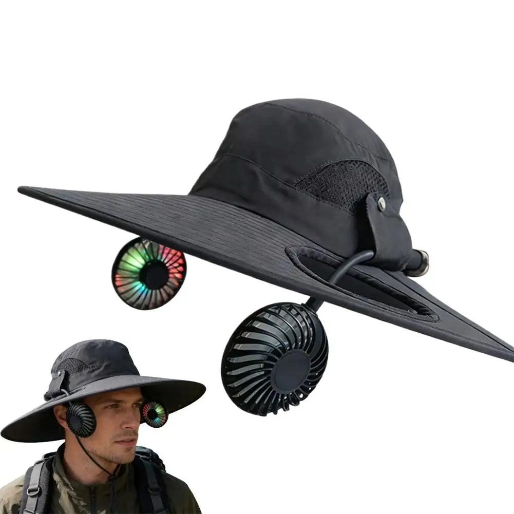 Wide Brim Solar Fan Hat With Dual Fans And USB Charging