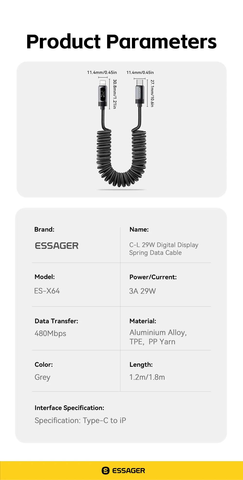 Car Spring USB-C to Lightning Fast Charging Cable with Digital Display