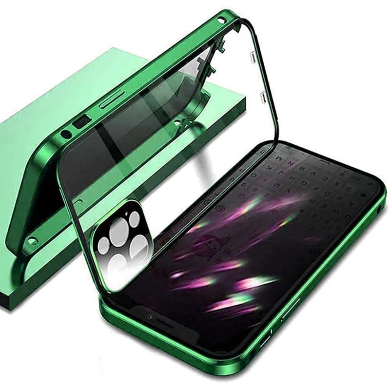 360°Full Protected Metal Anti Peeping Buckle Lock Phone Case For iPhone 15 14 Pro Max Double-Sided Glass Cover