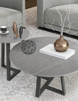 Round Modern Marble Nesting Coffee Set of 2, Stacking Living Room Accent Tables Furniture Sintered Stone Tabletop End Table