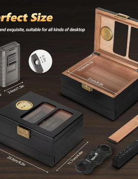 Cigar Humidor, Glass Top Cedar Wood Humidor Box, Cigar Case for 20-35 Cigars with Hygrometer, Cigar V-Cutter, Desktop Humidor