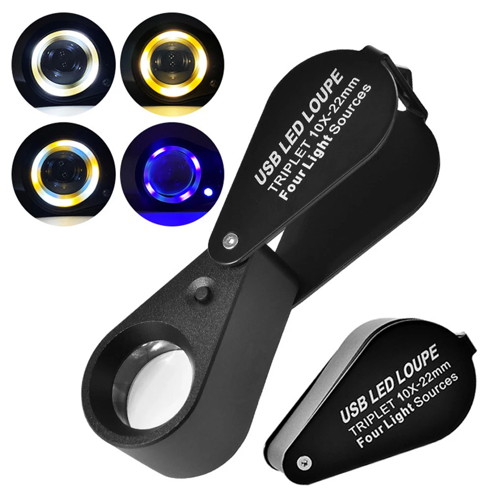 30X Rechargeable LED UV Jewelry Loupe 4 Light Modes Pocket Magnifier