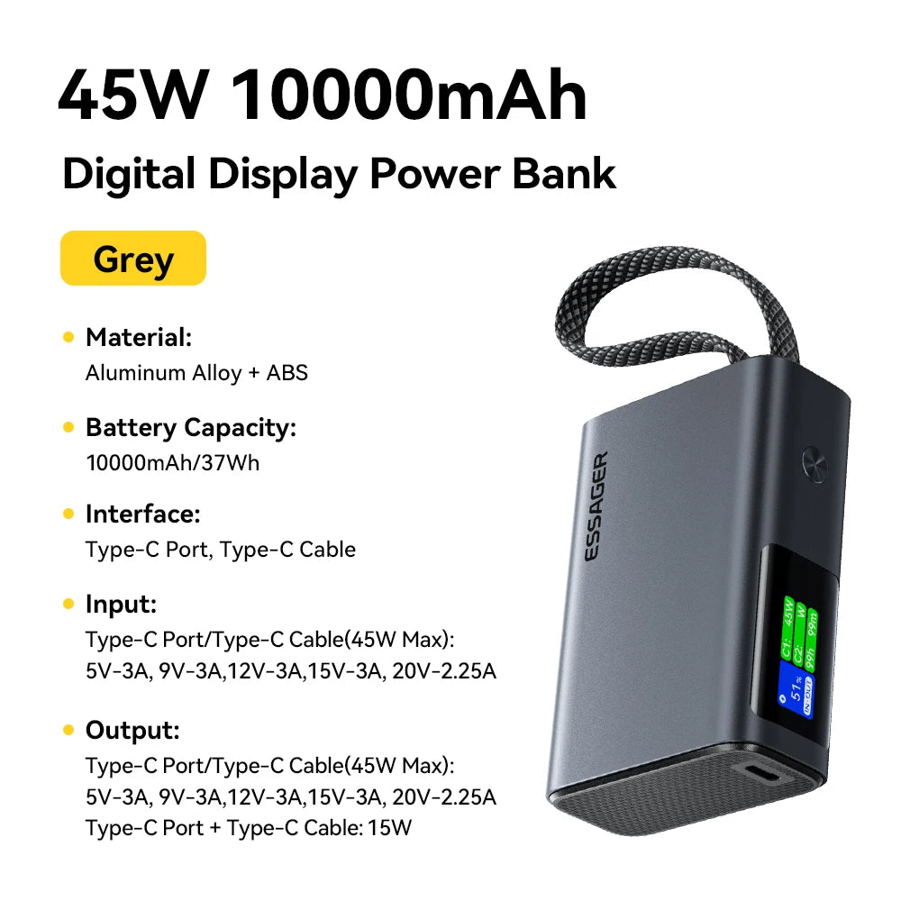 45W Power Bank 10000mAh Built-in USB C Cable Fast Charging Portable Battery with Digital Display