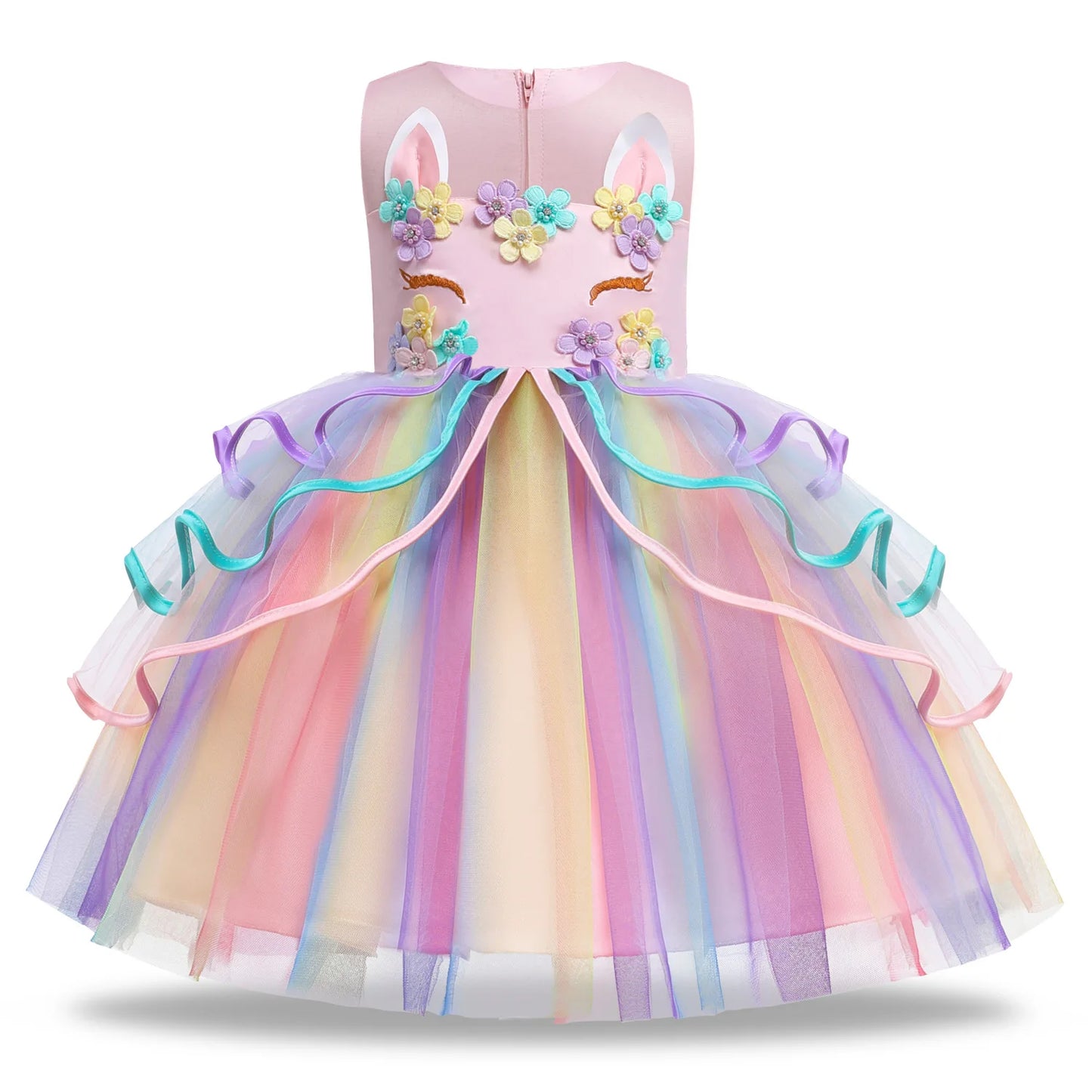 Rainbow Unicorn Princess Dress with Bow and Tulle Skirt Birthday Party Costume