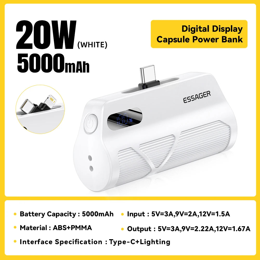 5000mAh Mini Capsule Power Bank 20W PD Fast Charging with Built-in Lightning & USB-C Plug Portable Charger