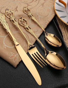4pcs Gold Stainless Steel Cutlery Set Royal European Spoon Fork and Steak Knife Retro Hollow Design Dinnerware Luxury Tableware
