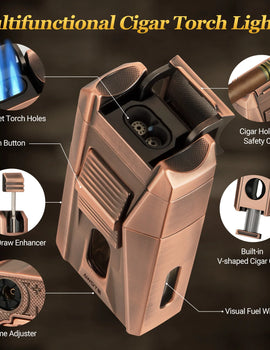 Cigar Lighter with Double Jet Flame, Refillable Cigar Torch Lighter with Cigar Holder, V-Cigar Cutter, Cigar Draw Enhancer
