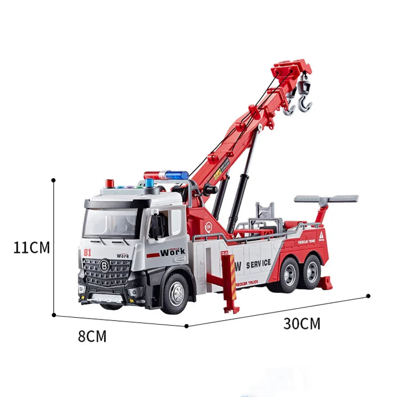 1/50 Scale Double Hook Rescue Crane Truck Alloy Model Toys Metal Diecast Engineering Vehicle Sound Light Gifts for Boys Birthday