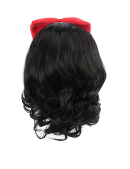 Cute Girls Snow White Dress Up Wig Girls Princess Cosplay Short Hair Black Curly Hair Wig with Red Bow Role Play Props