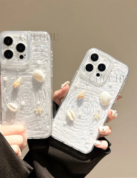 INS Seashell Starfish Conch Pearl Water Ripple Creative Clear Phone Case For iPhone 15 14 13 Pro Max Plus Soft Back Cover