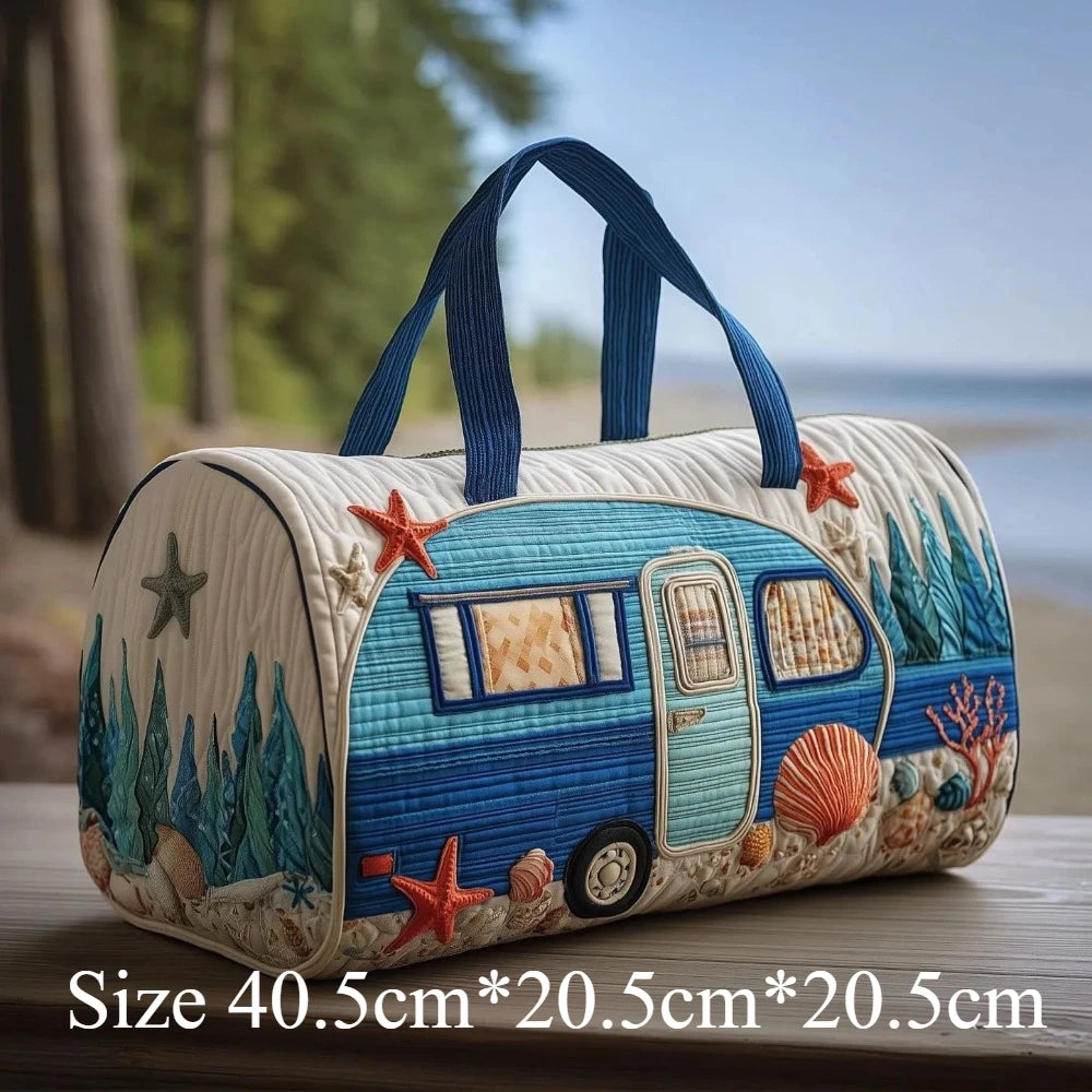 3D Printed Quilted Travel Handbag Camper Van Design with Sea Shell Starfish Lightweight Weekender Vacation Carry-On Duffel Bag