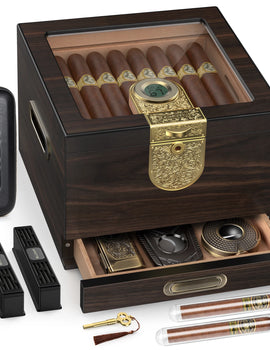 Cigar Humidor, Cedar Wood Cigar Box, Includes Leather Cigar Case, Cigar Tube, Digital Hygrometer and 2 Humidifiers, Gift Set