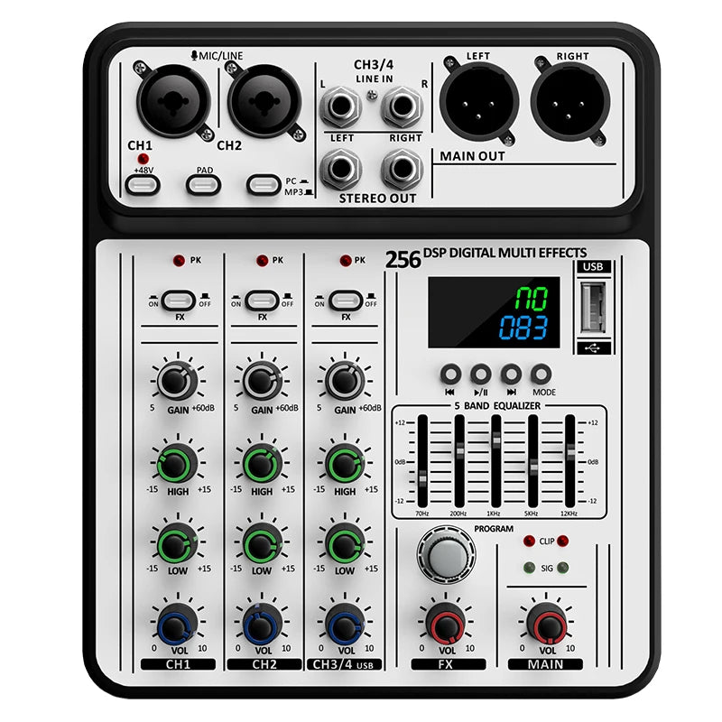 4 Channel Audio Mixer With 256 DSP Effects USB Bluetooth And 48V Phantom Power