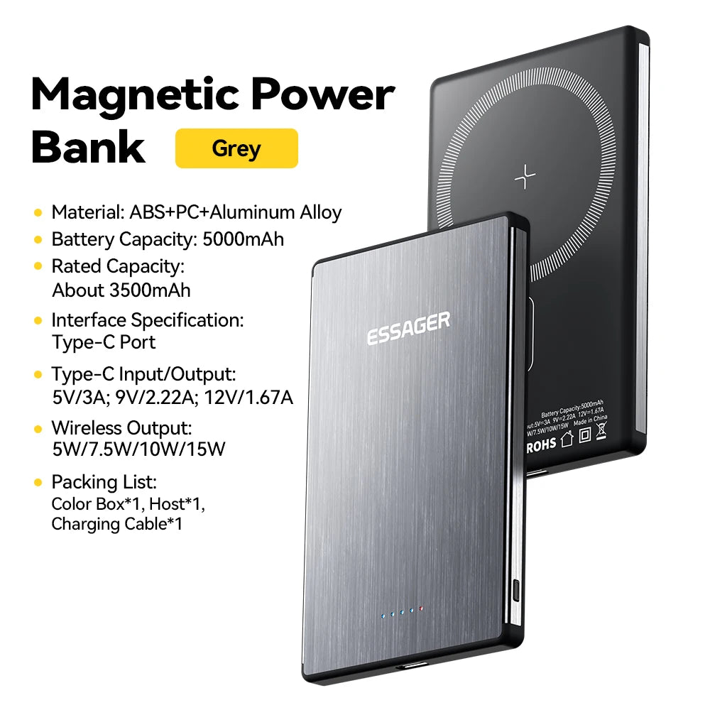 5000mAh Magnetic Power Bank 20W PD Wireless Fast Charging Slim Portable Charger for iPhone MagSafe