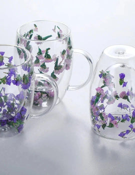 Double Wall Glass Coffee Mugs Double Insulated Glass Cup 350ml Flower Design
